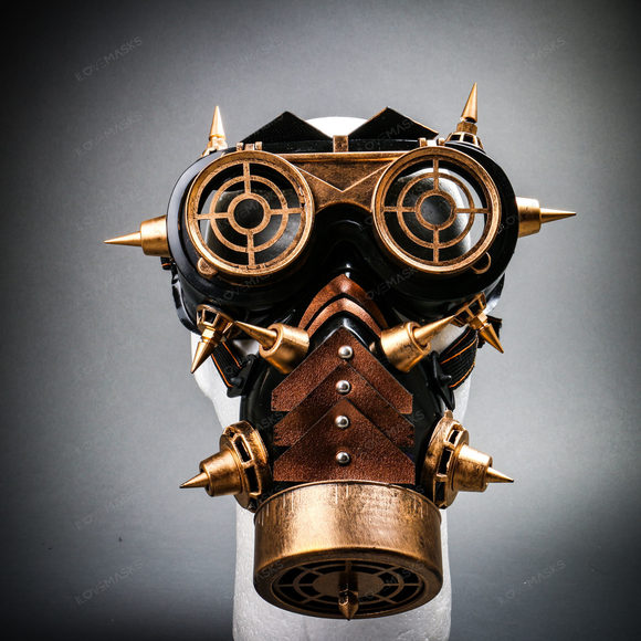 Steampunk Spiked Goggles Glasses and Spiked Gas Mask Costume Set - Black Gold - Picture 1 of 3